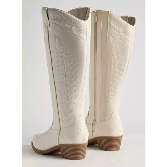 Torrid 9.5WW Wide Width Calf Western Embroidered Knee Boots Faux Leather Ivory - Picture 4 of 4